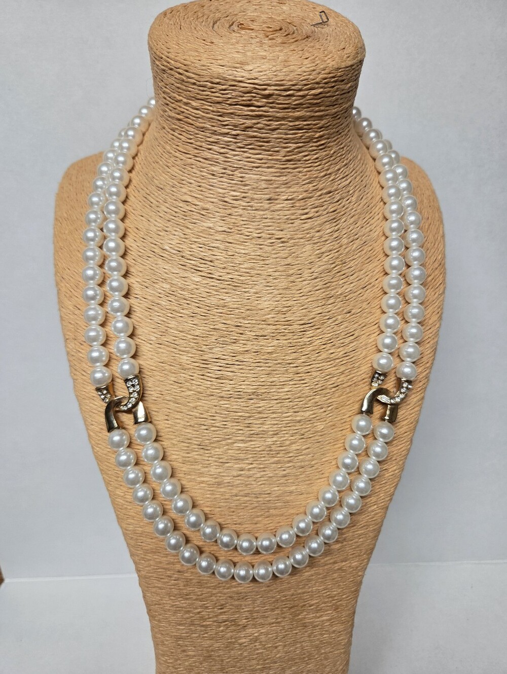 Vintage Double Strand Faux Pearl Statement Necklace Gold-tone/Crystal Accents